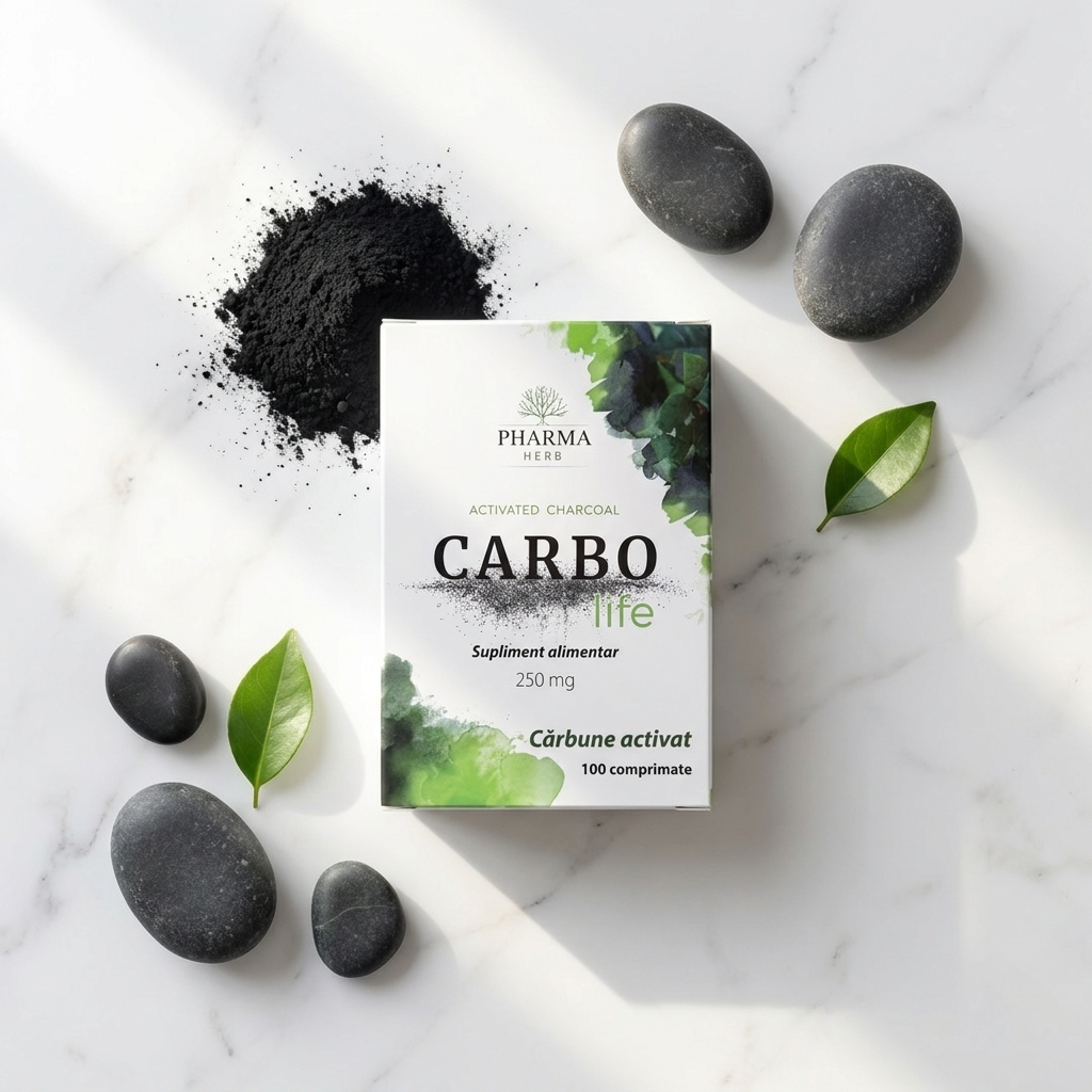 Carbo-Life activated charcoal box with raw charcoal powder